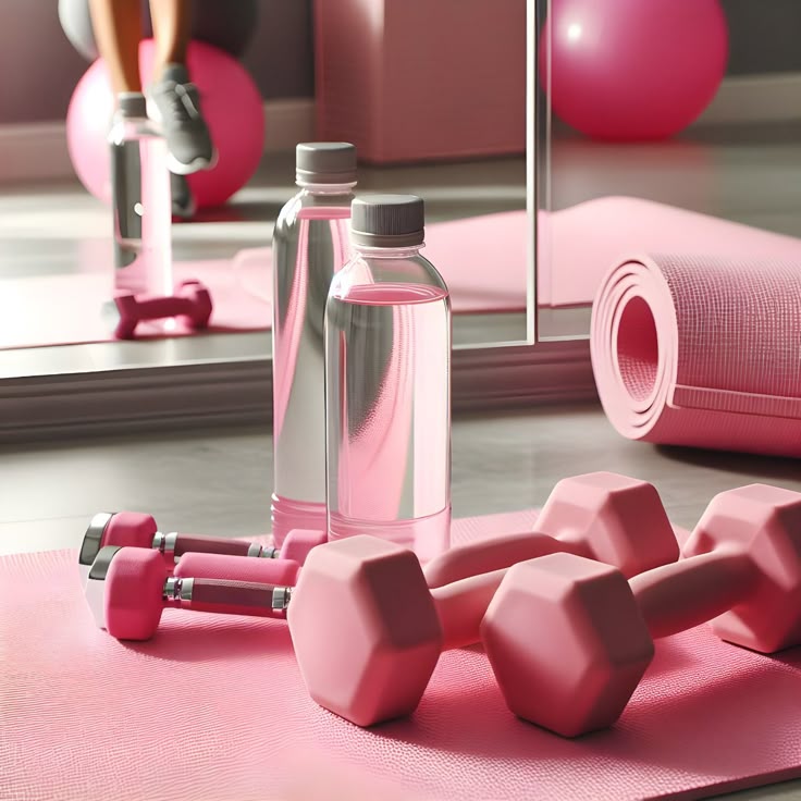 set of pink dumbbells and clear bottle filled with water laid on a pink sports mat